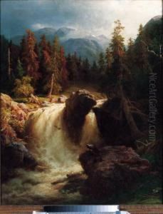 A Waterfall In A Mountainous Wooded Landscape by Wilhelm Brandenburg