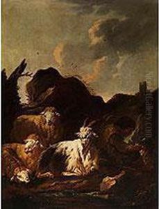 Hirte Mit Schafen Und Einem Ziegenbock In Felsiger Landschaft by Domenico Brandi