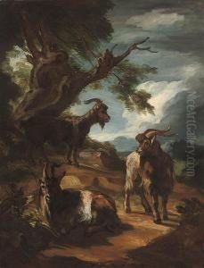 Goats In A Wooded Landscape by Domenico Brandi