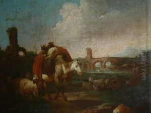 Paesaggio Con Cavallo E Armenti Al Fiume by Domenico Brandi