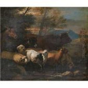 Italianate River Landscape With Sheep, Goats, A Donkey, A Bull And A Horse by Domenico Brandi