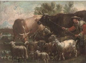 A Shepherd And His Flock Fording A River