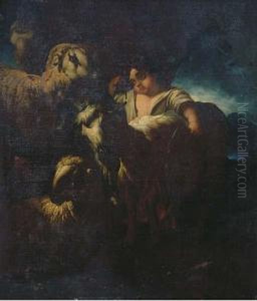 A Shepherd And His Flock In A Moonlit Landscape - view 1