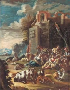 An Italianate Landscape With Peasants Resting With Cattle And Sheepamongst Ruins An Italianate Landscape With Peasants Resting With Cattle And Sheepamongst Ruins