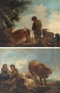 A Hilltop With A Shepherd And
His Flock; And A Landscape With Ashepherd Playing A Flute To A
Shepherdess by Domenico Brandi