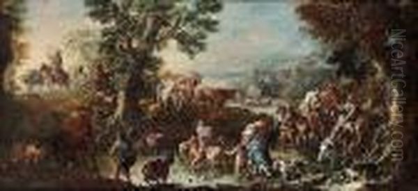 Drovers, Cattle And Travellers Fording A Stream - view 1