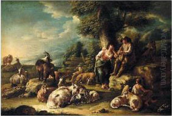 Landscape With A Shepherd Playing His Pipe And A Diarymaid, With Their Flock - view 1