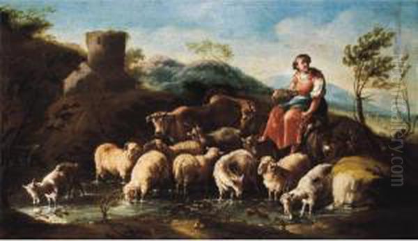 A Shepherdess With Sheep, Goats And Cattle Crossing A Stream - view 1