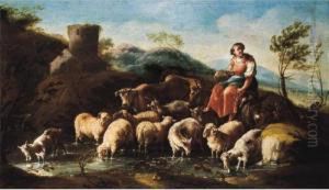 A Shepherdess With Sheep, Goats And Cattle Crossing A Stream by Domenico Brandi
