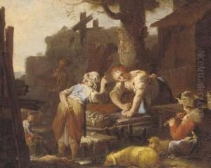 A Shepherd Piping To Washerwomen At A Stream Before A Cottage by Domenico Brandi