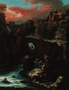 An Italianate River Landscape
With A Shepherd Driving His Flock, Avillage Beyond; And An Italianate
River Landscape At Sunset Withshepherds And Their Flock, A Town Beyond by Domenico Brandi