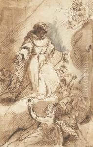 Saint Francois Agenouille Sur Un Nuage Porte Par Des Anges