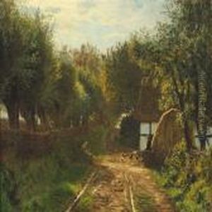 Farm Exterior With Young Girl Sitting In The Sun Looking At The Hens by Johannes Herman Brandt