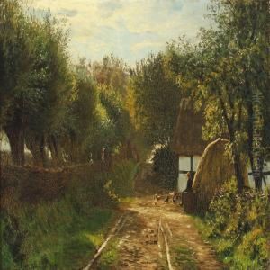 Farm Exterior With Young Girl Sitting In The Sun Looking Atthe Hens by Johannes Herman Brandt
