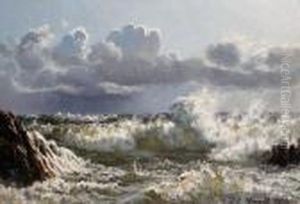 Waves Breaking Over A Rocky Coastline by Johannes Herman Brandt