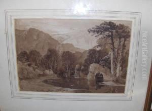 Woods And Stream In A Mountainous Landscape by Charles Brooke Branwhite