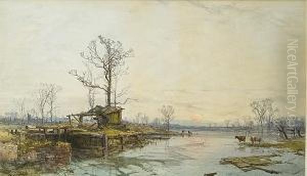 A Winter River Scene With Cattle - view 1