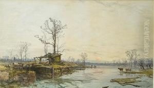 A Winter River Scene With Cattle A Winter River Scene With Cattle