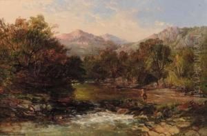 An Angler In A Wooded River Landscape
