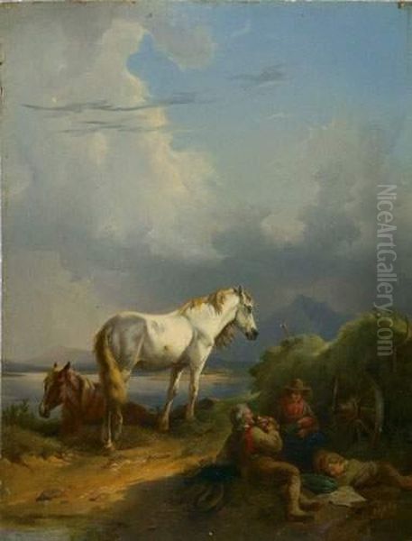 Fuchs Und Schimmel Mit Rastenden Bauern Am See. - view 1