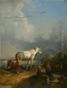 Fuchs Und Schimmel Mit Rastenden Bauern Am See.