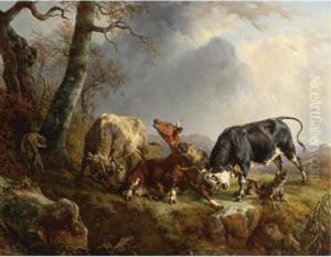 Two Bulls Defending A Cow Attacked By Wolves by Jacques Raymond Bracassat