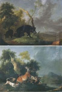 A Landscape With Boars Foraging; And A Landscape With Houndsbringing Down A Deer by Wenzel Ignaz Prasch