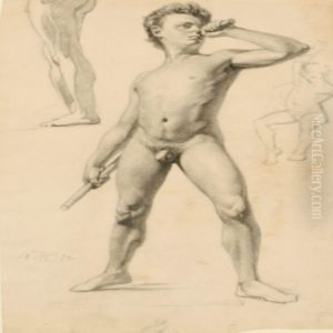 Three Academy Studies Of Naked Men On One Sheet by Hans Ole Brasen
