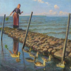 A Young Woman Gazing At Ducklings by Hans Ole Brasen