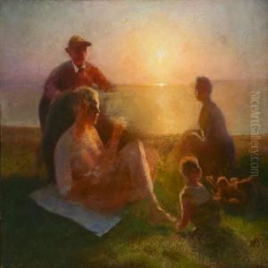 A Family By The Sea At Sunset by Hans Ole Brasen