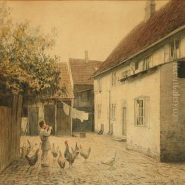 Boy Playing The Flute Among The Chickens In The Backyard - view 1