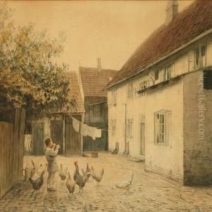 Boy Playing The Flute Among The Chickens In The Backyard by Hans Ole Brasen