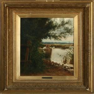 A Women Washing Clothes By The Lake Shore by Hans Ole Brasen