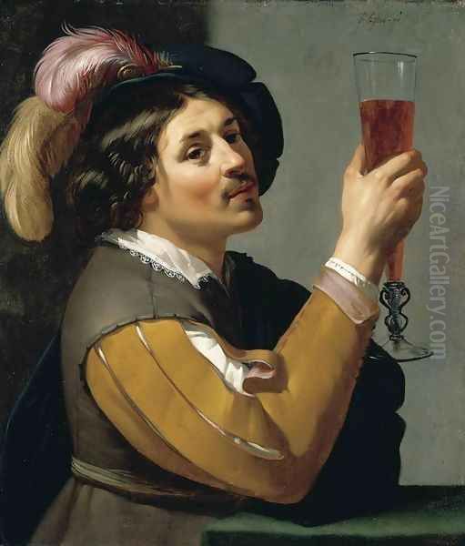 Young Man Drinking a Glass of Wine - view 1