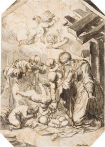 The Nativity With Putti Adoring The Christ Child by Pierre Brebiette