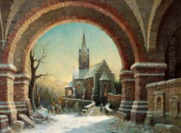 Winterliche Prozession Bei Einer Kirche - view 1