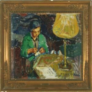 Interior With Woman And Landscape by Axel Bredsdorff