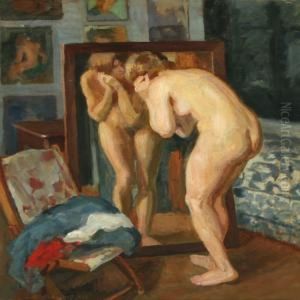 Interior With Nakedwoman In Front Of A Mirror by Axel Bredsdorff