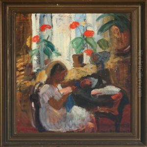 Interior With A Sewing Girl by Axel Bredsdorff