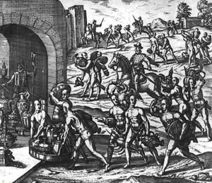 Indians bringing Balboa vases and gold objects by Theodore de Bry