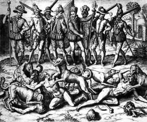 The dogs of Vasco Nunez de Balboa (1475-1571) attacking the Indians