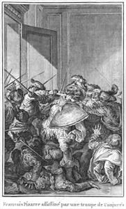 Francisco Pizarro assassinated by an army of conspirators by Theodore de Bry