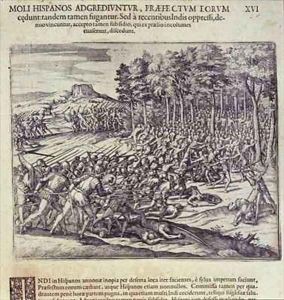 Battle between Spanish Soldiers and Indians by Theodore de Bry