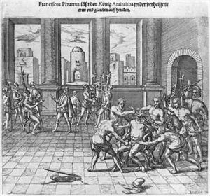 King Atahualpa (c.1502-33) executed in Cajamarca by order of Francisco Pizarro by Theodore de Bry