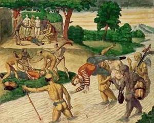 South American Indians drowning Spaniards to see if they are immortal