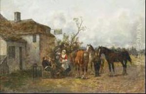 Travellers And Maid Outside A Village Tavern by Heinrich Breling