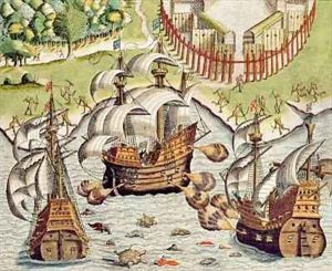 Naval Battle between the Portuguese and French in the Seas off the Potiguaran Territories by Theodore de Bry