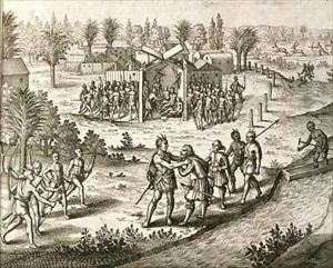 Ralph Hamor visits Powhatan with a proposal by Theodore de Bry