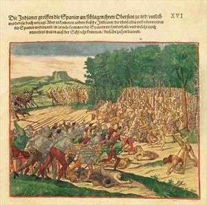 Battle between the Indians and the Spanish in which the Spanish colonel was beaten to death by Theodore de Bry