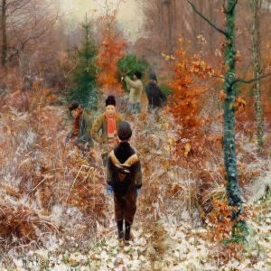 Cutting Christmas Trees In The Forest, In The Foreground Boysplaying In The Snow by H. A. Brendekilde